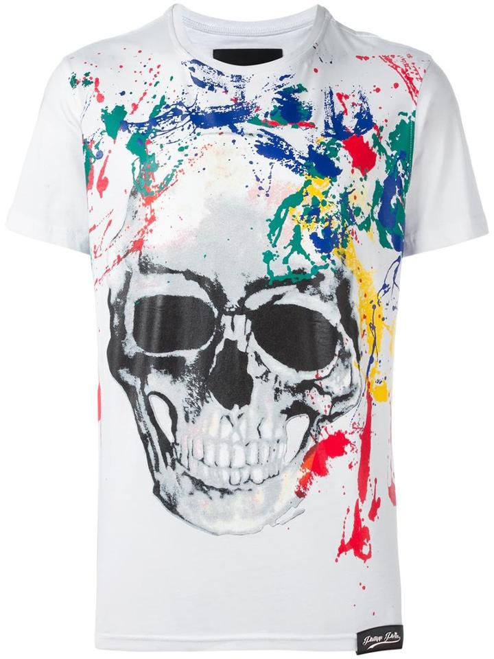 Philipp Plein Painted Skull Print T-shirt, Men's, Size: Large, White, Cotton