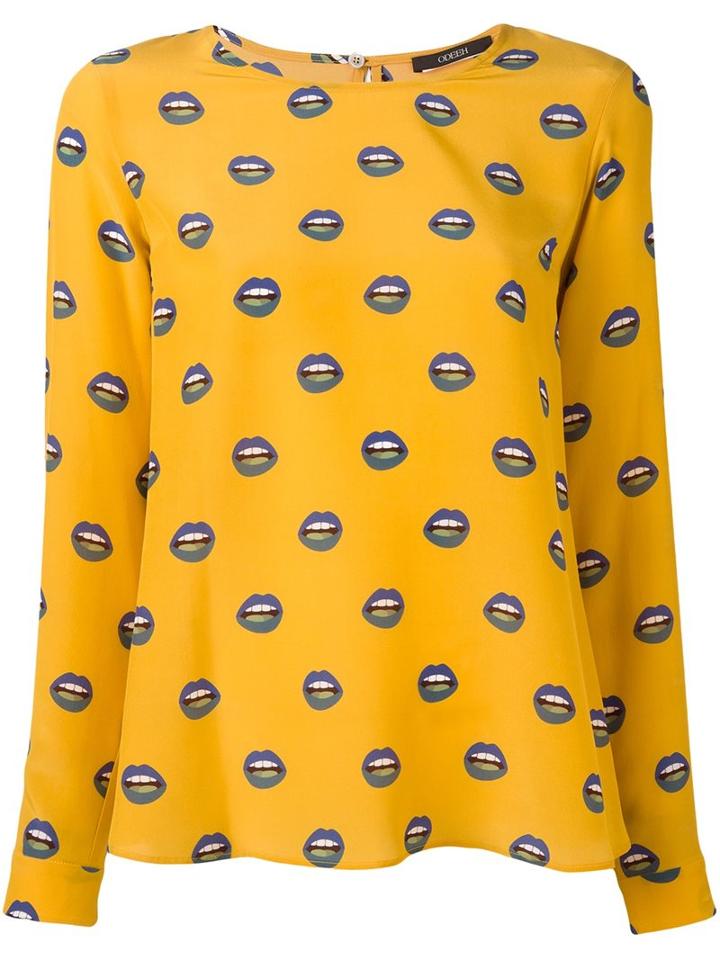 Odeeh Lip Print Blouse, Women's, Size: 38, Yellow/orange, Silk
