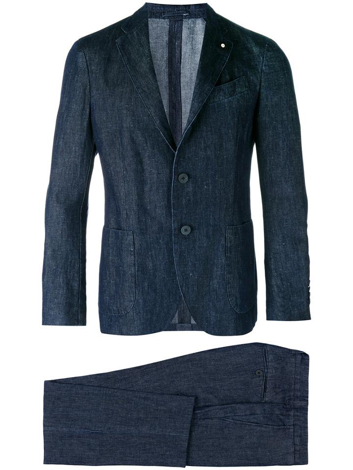 Lardini Two Button Suit, Men's, Size: 50, Blue, Linen/flax/cotton/polyester