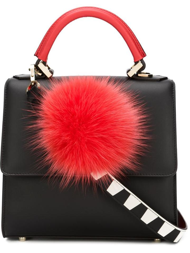 Les Petits Joueurs Mini Alex Bunny Satchel, Women's, Black, Cotton/calf Leather/fox Fur/metal Other
