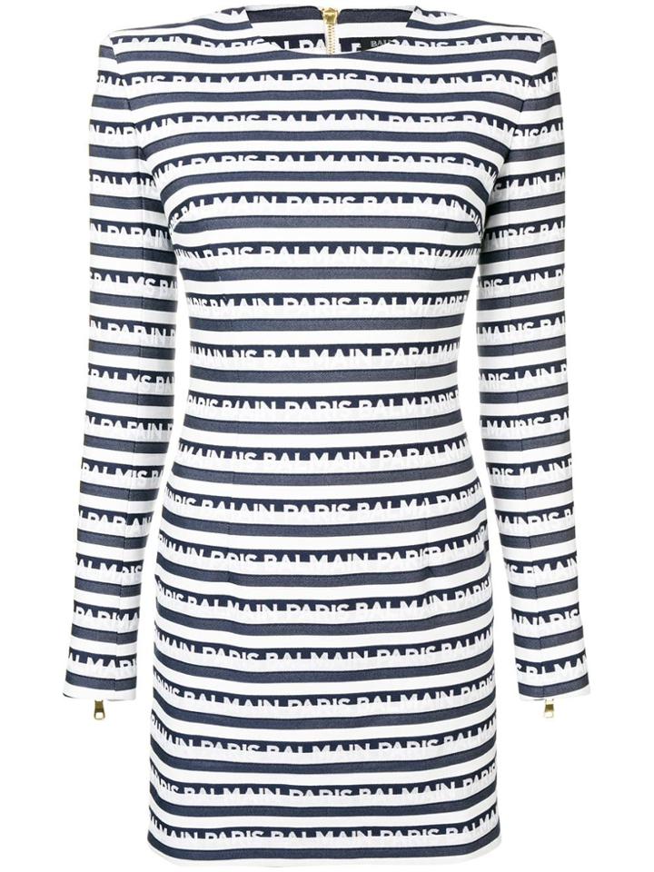 Balmain Logo Stripe Dress - White