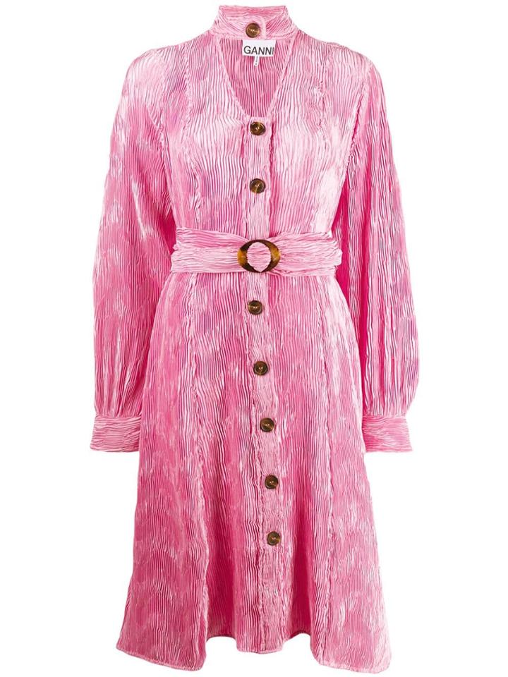 Ganni Belted Plissé Dress - Pink