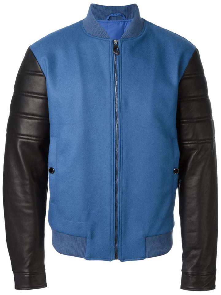 Versace Collection Contrasted Sleeve Bomber Jacket, Men's, Size: 52, Blue, Lamb Skin/polyamide/polyester/polyimide