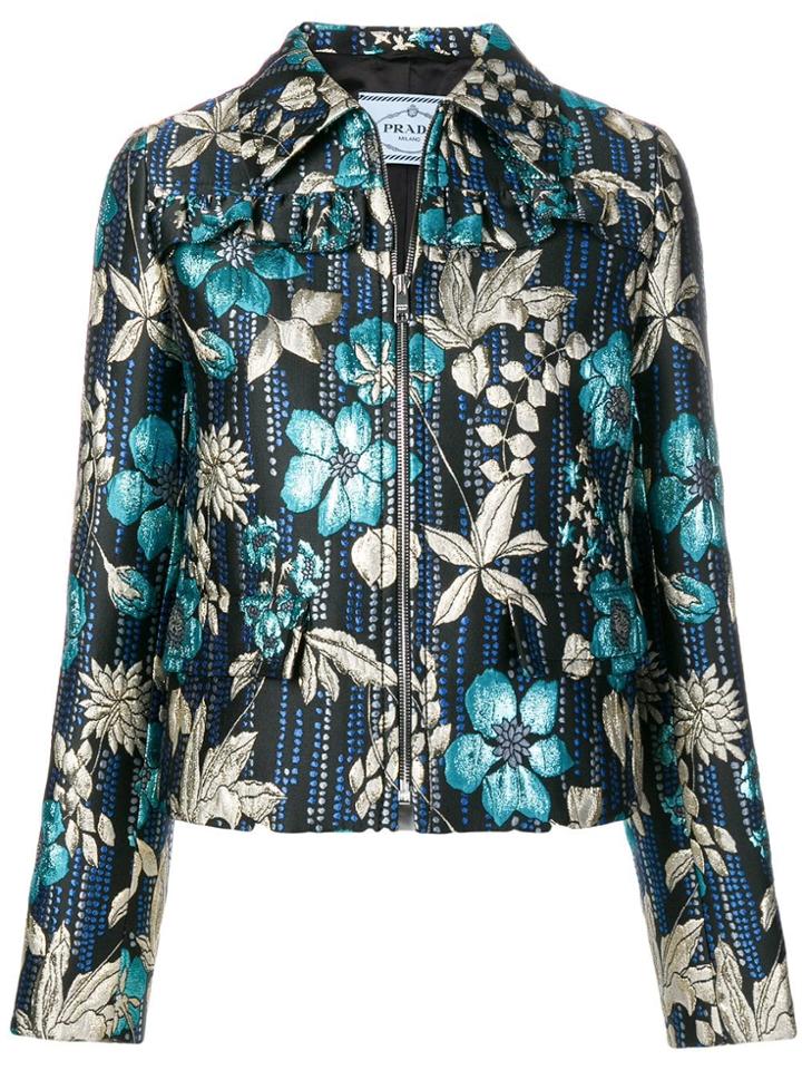 Prada Cropped Cloqué Jacket With Floral Motif - Black