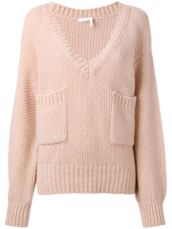 Chloé - Knitted V-neck Pocket Sweater - Women - Acetate/wool/alpaca - S, Pink/purple, Acetate/wool/alpaca