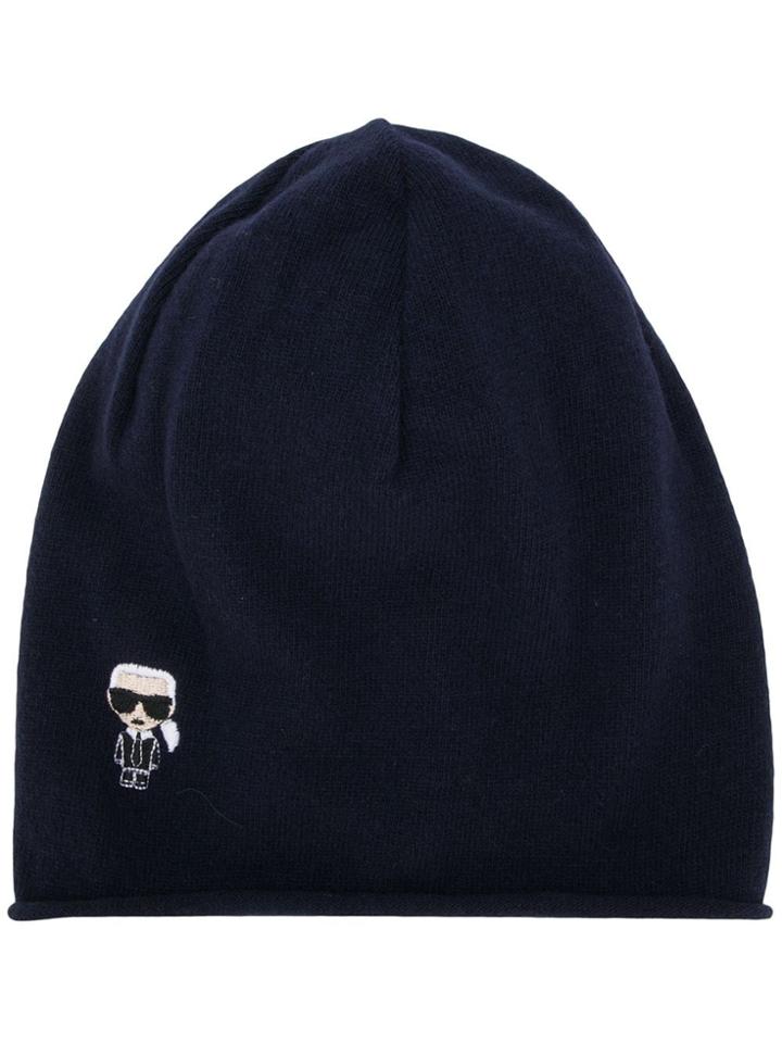 Karl Lagerfeld Ikonik Embroidered Patch Beanie - Blue