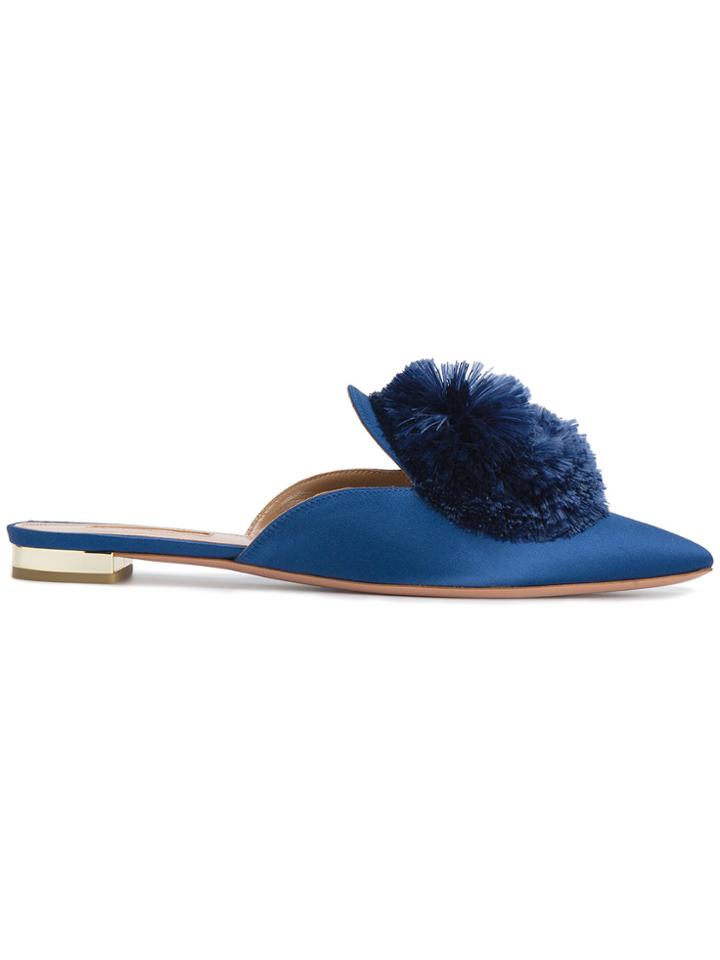 Aquazzura Blue Satin Powder Puff Flat Mules
