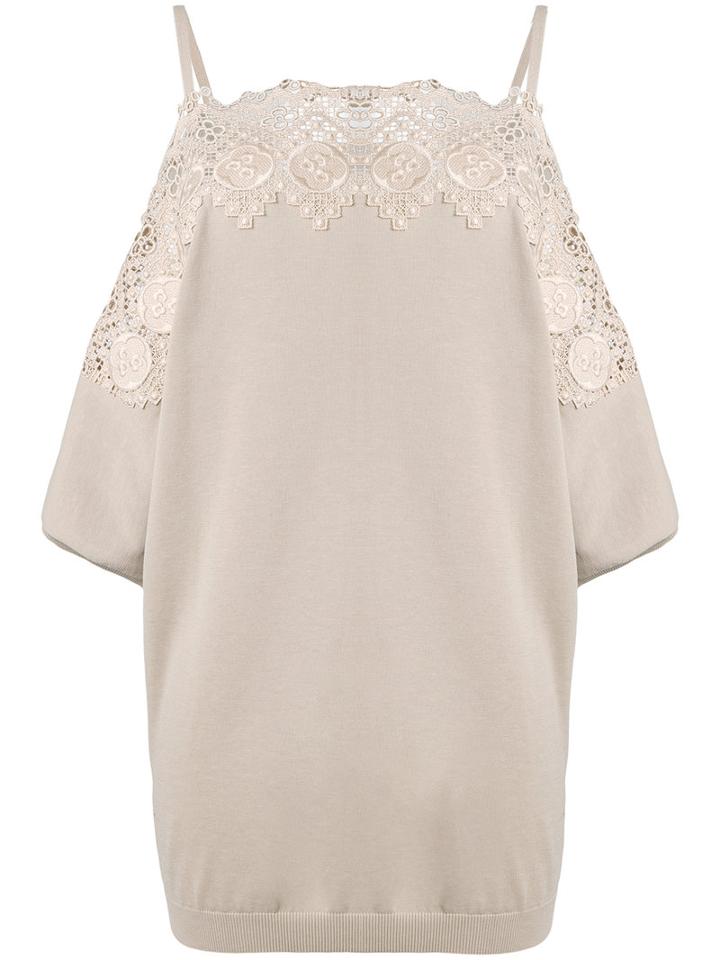 Agnona - Cold Shoulder Crochet Trim Sweater - Women - Cotton - 42, Nude/neutrals, Cotton