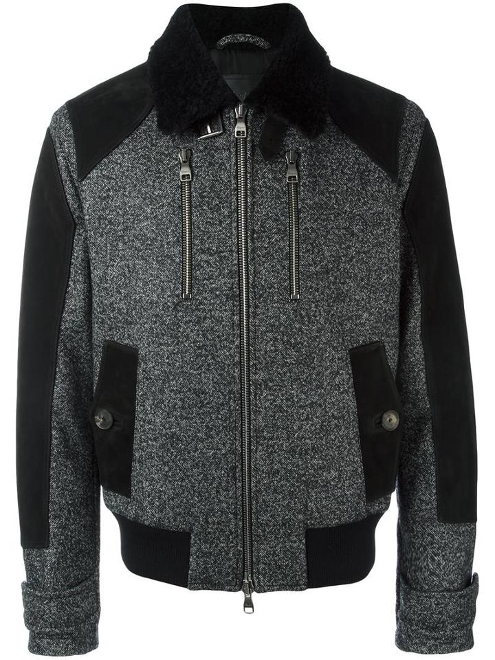 Salvatore Ferragamo Shearling Collar Bomber Jacket, Men's, Size: 48, Black, Wool/polyamide/lamb Fur/cupro