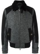 Salvatore Ferragamo Shearling Collar Bomber Jacket, Men's, Size: 48, Black, Wool/polyamide/lamb Fur/cupro