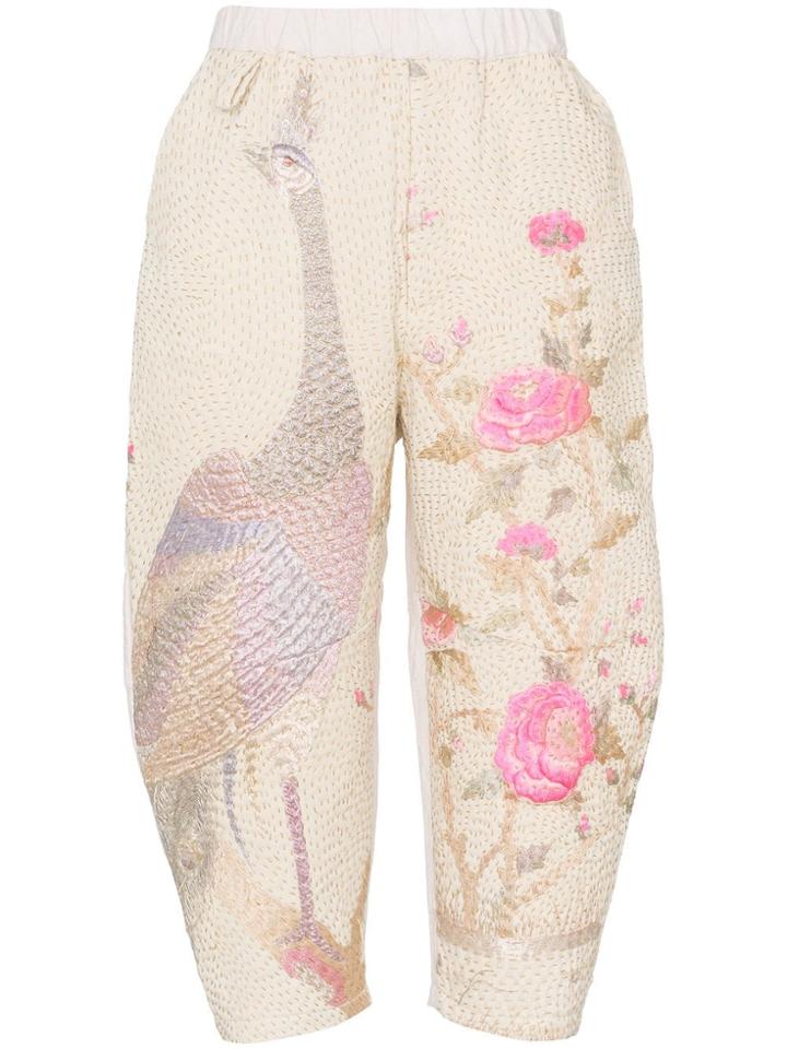By Walid Vietnam Jay Embroidered Cropped Trousers - Neutrals