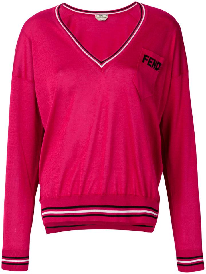 Fendi V-neck Logo Patch Sweater - Red