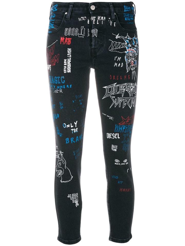 Diesel Graffiti Print Skinny Jeans - Black