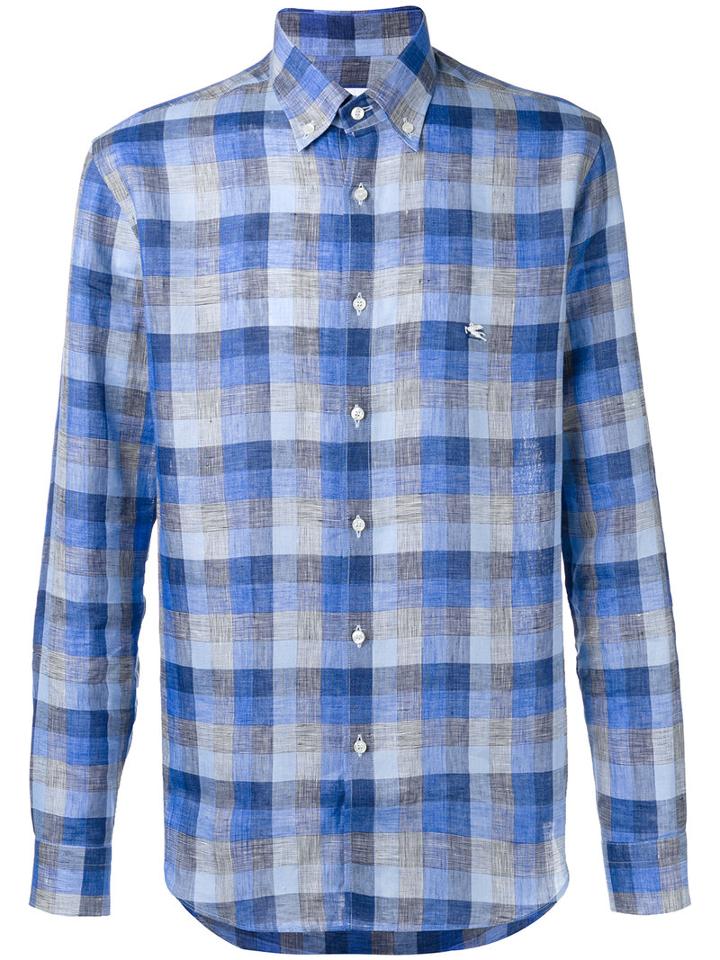 Etro Checked Button-down Shirt, Men's, Size: 45, Blue, Linen/flax