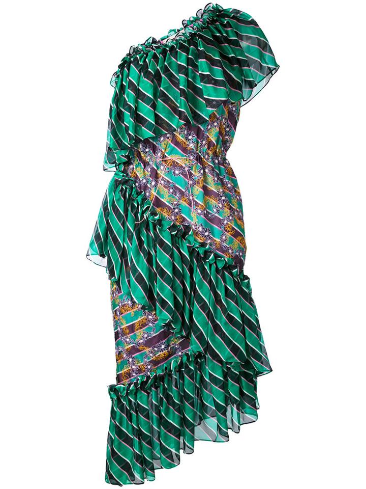 Marco De Vincenzo - Striped Ruffle Dress - Women - Silk/polyester - 42, Green, Silk/polyester