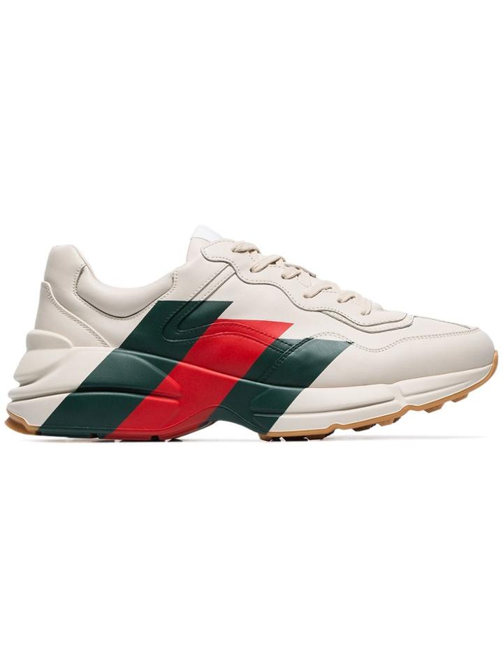 Gucci Mystic White Rhyton Three Stripe Leather Sneakers - Neutrals