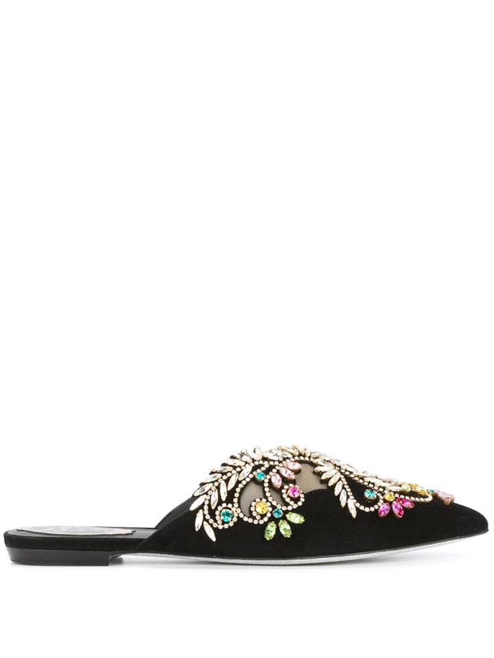 René Caovilla Crystal Embellished Slippers - Black