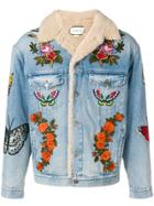 Gucci Shearling Lined Embroidered Denim Jacket - Blue