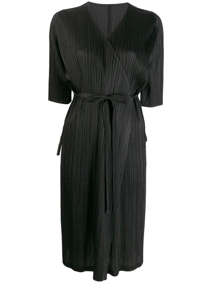 Pleats Please By Issey Miyake Pleated Satin Wrap Coat - Black