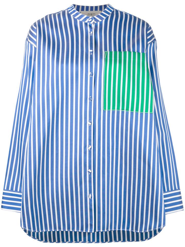 Ports 1961 - Striped Collarless Shirt - Women - Silk/cotton/polyester - 40, Blue, Silk/cotton/polyester