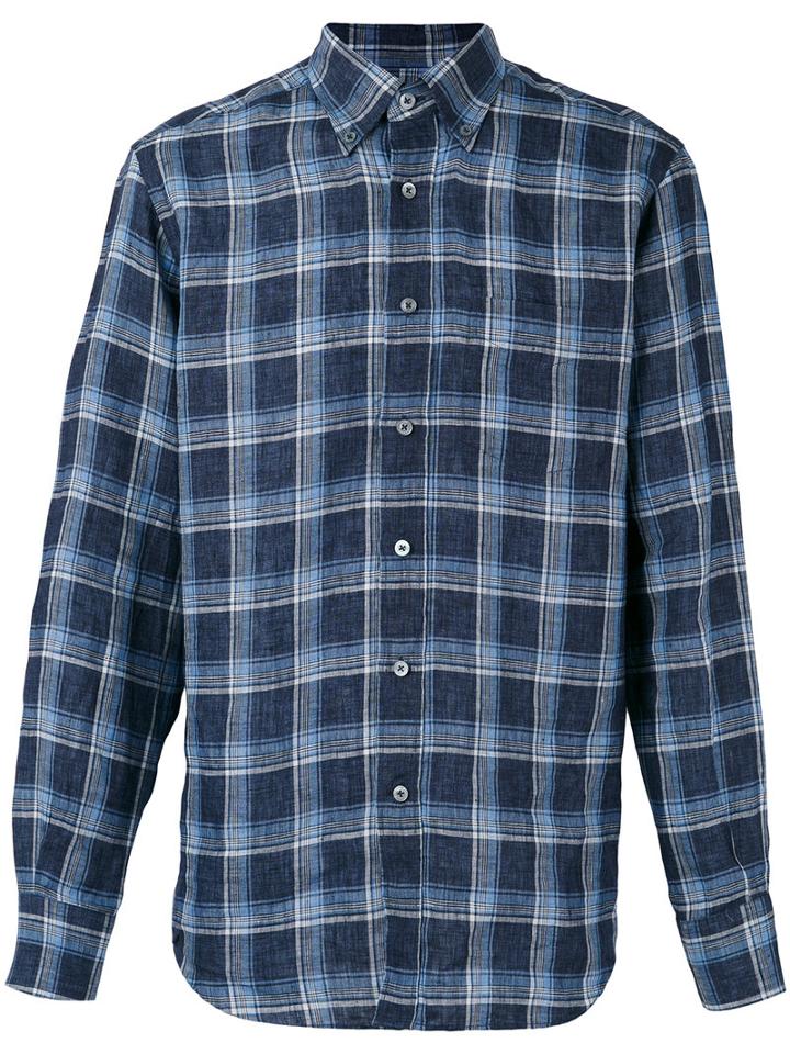 Canali Checked Shirt, Men's, Size: Medium, Blue, Linen/flax