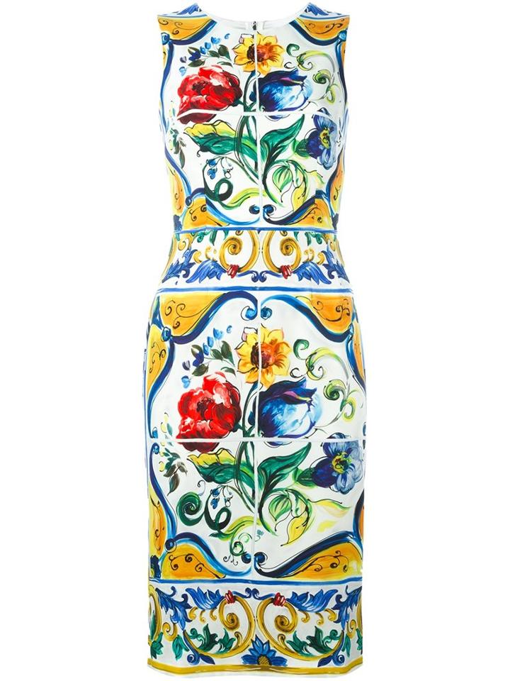 Dolce & Gabbana Majolica Print Fitted Dress, Women's, Size: 42, Silk/spandex/elastane