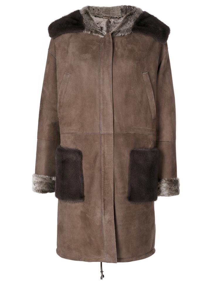 Manzoni 24 Fox Fur Lined Suede Coat - Brown