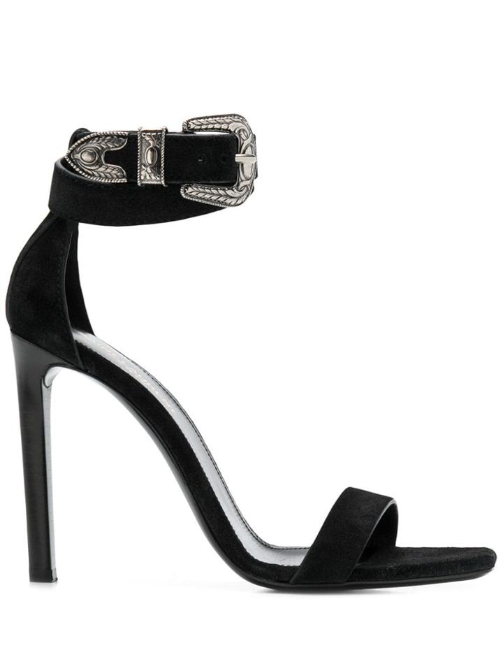 Saint Laurent Textured Buckle High Sandals - Black