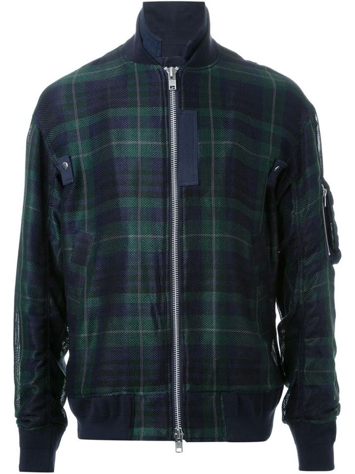 Sacai Checked Bomber Jacket, Men's, Size: 4, Blue, Polyester/rayon