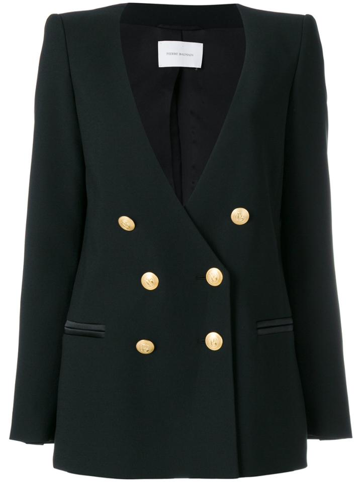 Pierre Balmain Double Breasted Collarless Blazer - Black