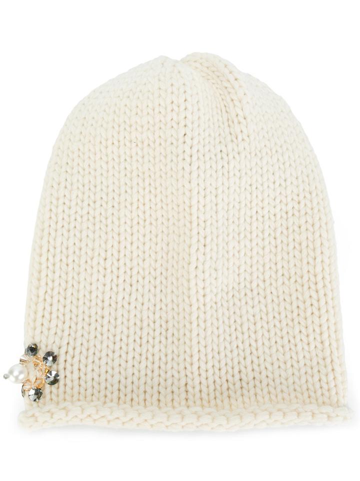 Inverni Embellished Knitted Hat - Nude & Neutrals