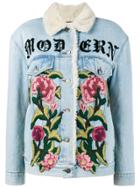 Gucci Embroidered Shearling Denim Jacket - Blue