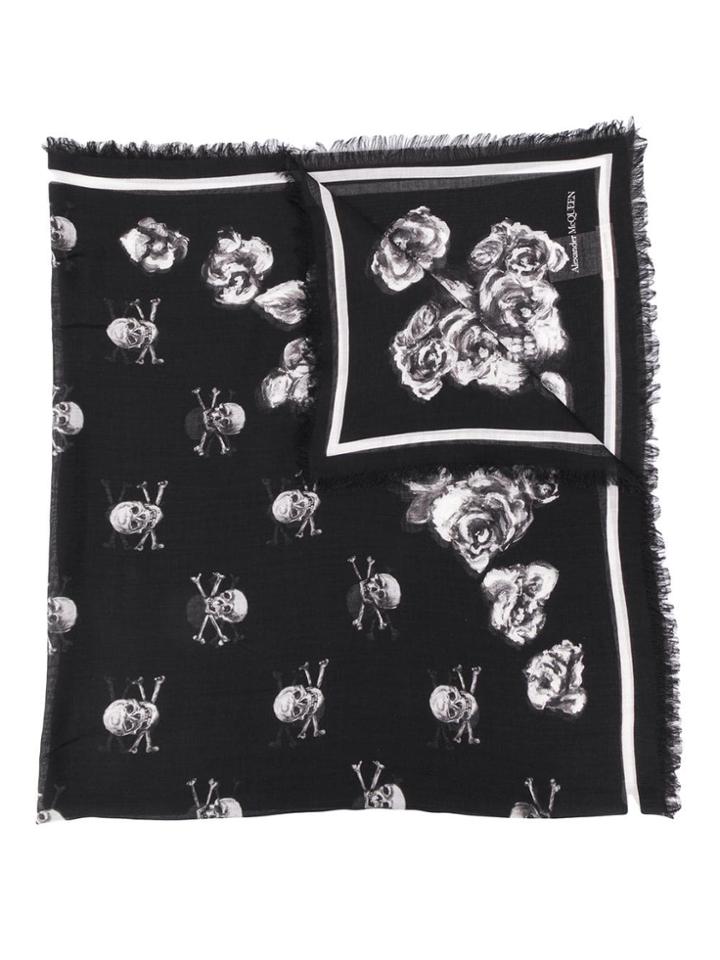 Alexander Mcqueen Floral Skull Pattern Scarf - Black