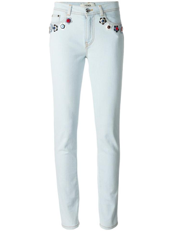 Fendi Flower Appliqué Skinny Jeans, Women's, Size: 38, Blue, Cotton/spandex/elastane/plastic/polyester