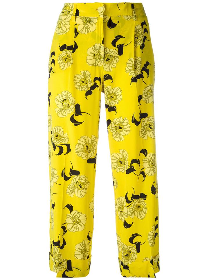 P.a.r.o.s.h. Cropped Floral Print Trousers, Women's, Size: Large, Yellow/orange, Silk/elastodiene