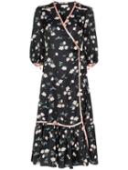 Bytimo Floral Print Contrast Trim Wrap Dress - Black