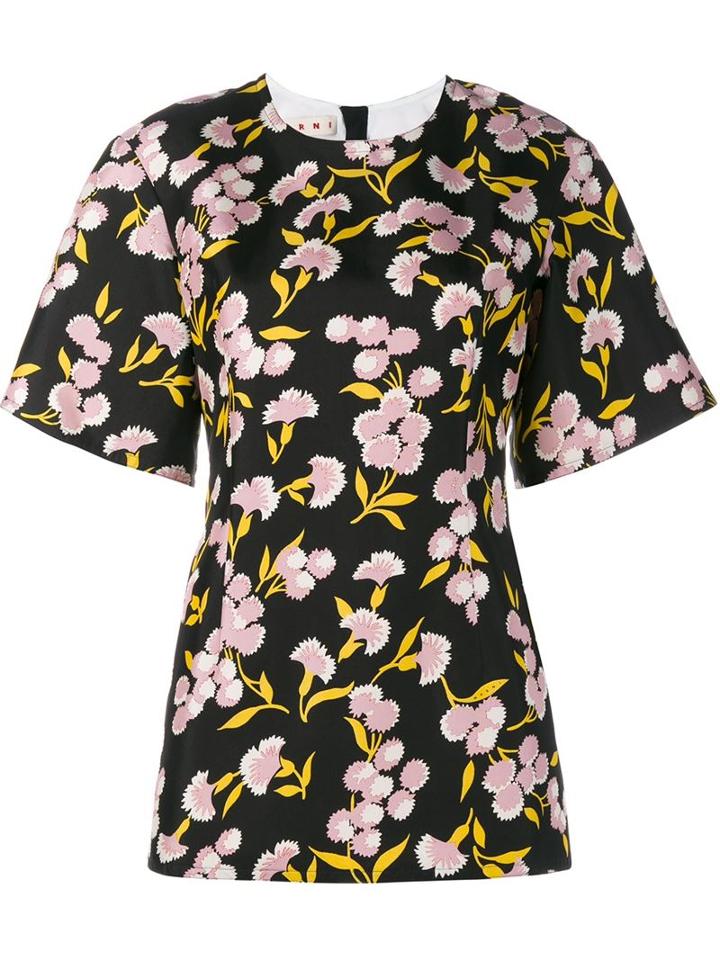 Marni Floral Print Cotton-silk Blend Short Sleeve Top