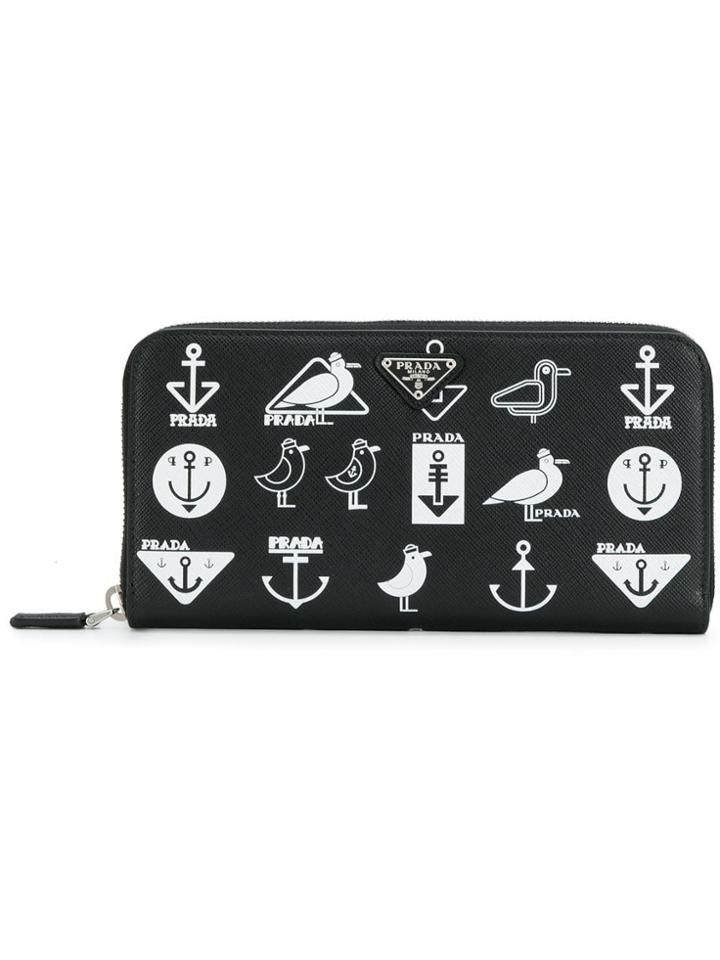 Prada Seagull Print Zip Around Wallet - Black