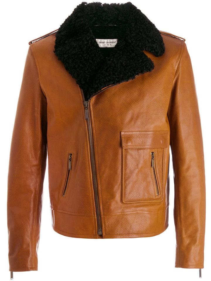Saint Laurent - Shearling Trim Leather Jacket - Men - Cotton/calf Leather/sheep Skin/shearling/cupro - 54, Brown, Cotton/calf Leather/sheep Skin/shearling/cupro