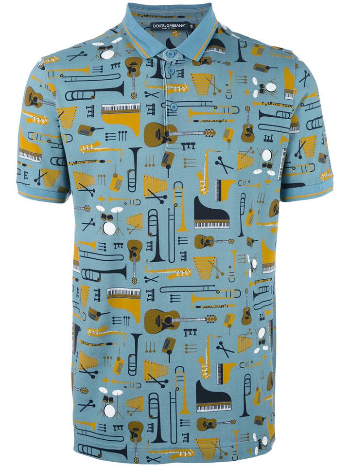 Dolce & Gabbana Musical Instrument Print Polo Shirt, Men's, Size: 46, Yellow, Cotton