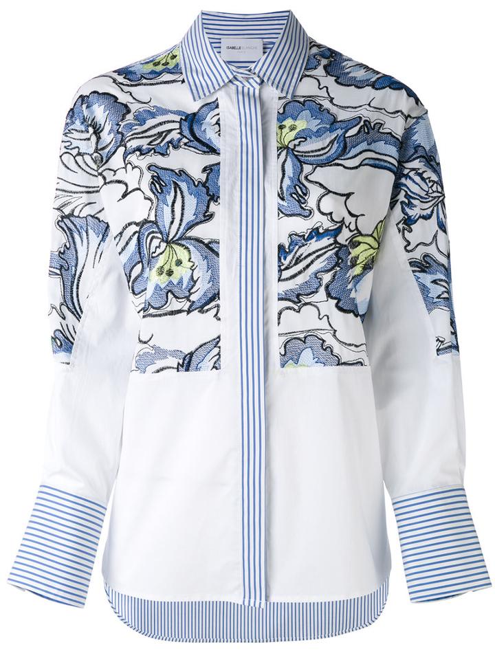 Isabelle Blanche - Floral Embroidery Stripe Shirt - Women - Cotton/spandex/elastane/viscose - L, White, Cotton/spandex/elastane/viscose