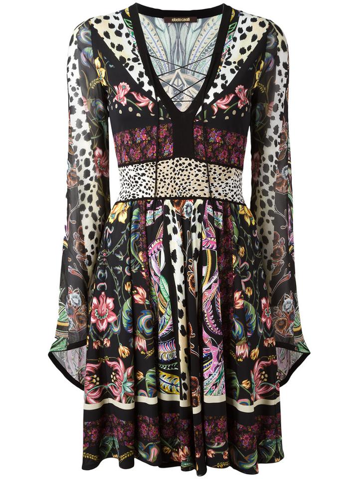 Roberto Cavalli Floral Print Flared Dress, Women's, Size: 44, Silk/viscose