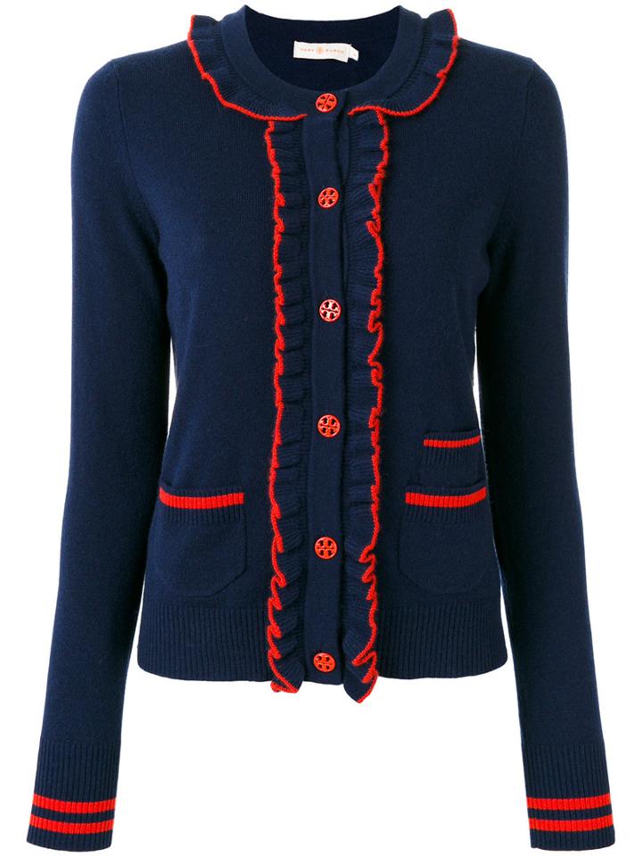 Tory Burch Ruffled Cardigan, Women's, Size: Large, Blue, Cashmere