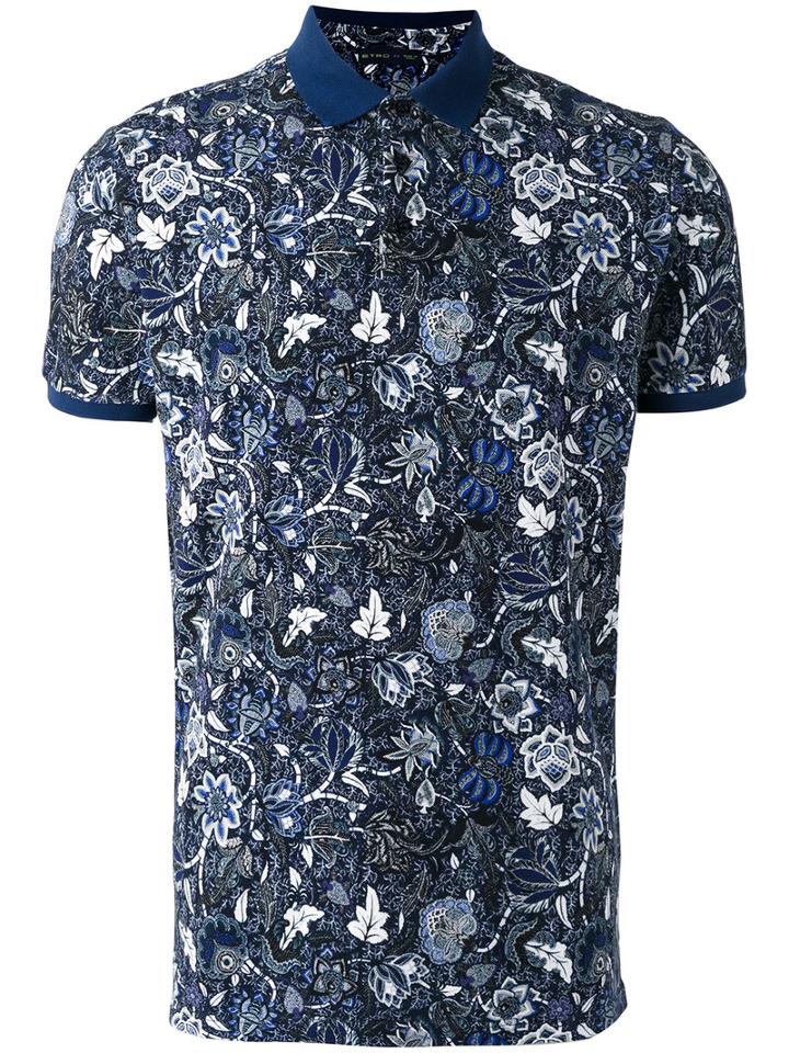 Etro Floral Print Polo Top, Men's, Size: Large, Blue, Cotton