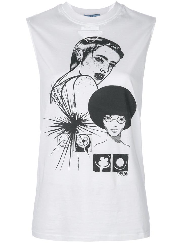 Prada Character Print Sleeveless Top - White