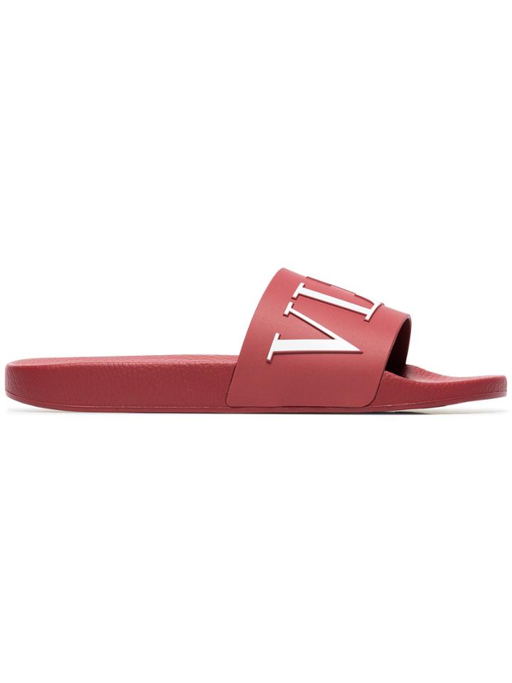 Valentino Red And White Vltn Embossed Slides