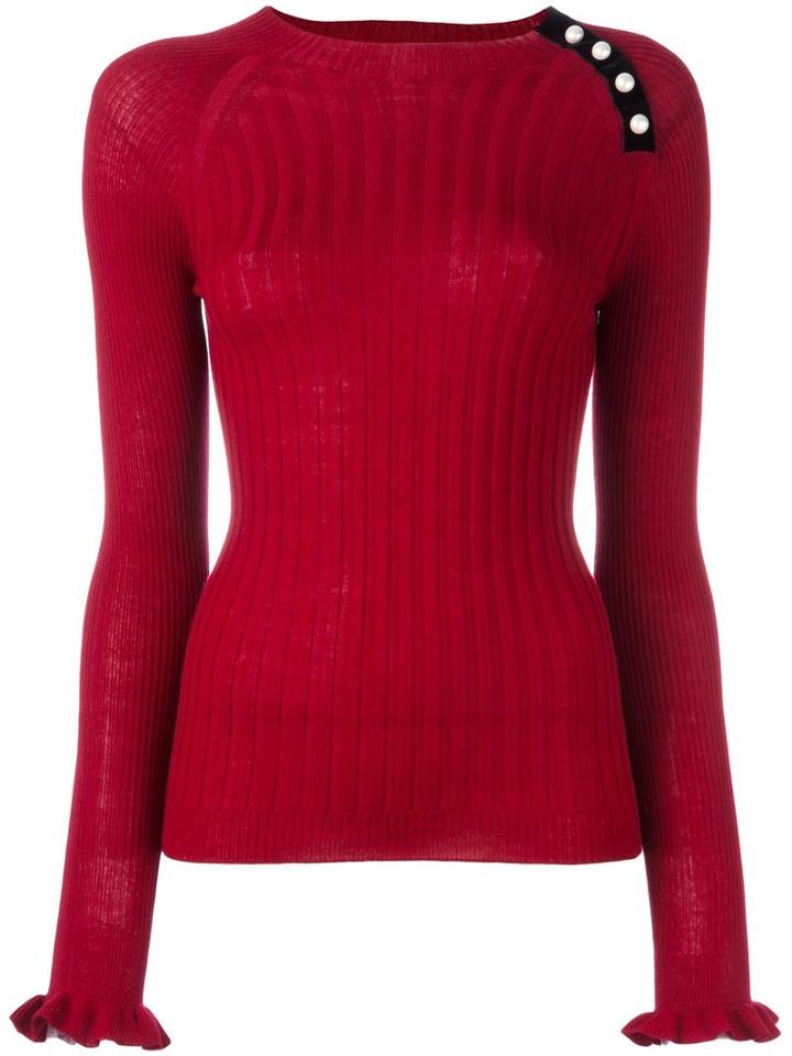 Philosophy Di Lorenzo Serafini Shoulder Pearls Ribbed Sweater, Women's, Size: 42, Red, Virgin Wool/polyamide
