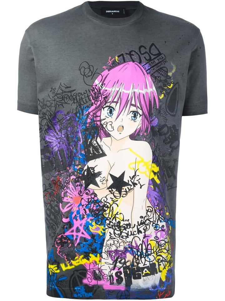 Dsquared2 Graffiti Print Cartoon T-shirt, Men's, Size: Xl, Grey, Cotton