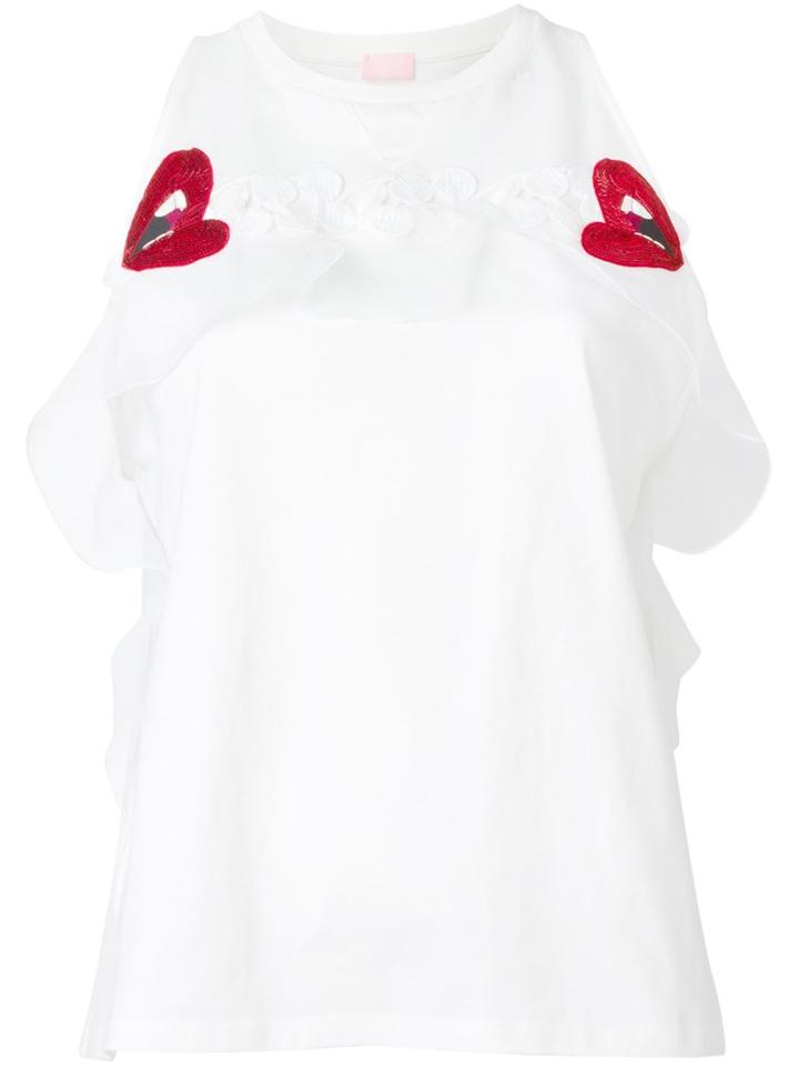 Giamba Sheer Frill Trim Top, Women's, Size: 42, White, Cotton/polyester