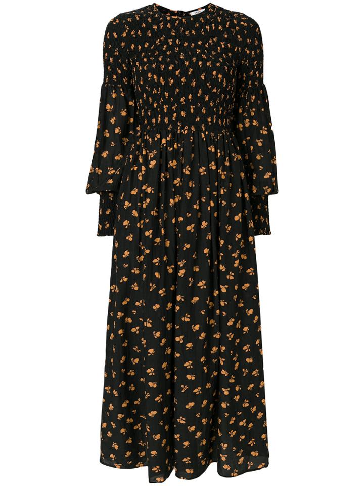 Ganni Floral Print Ruched Front Maxi Dress - Black